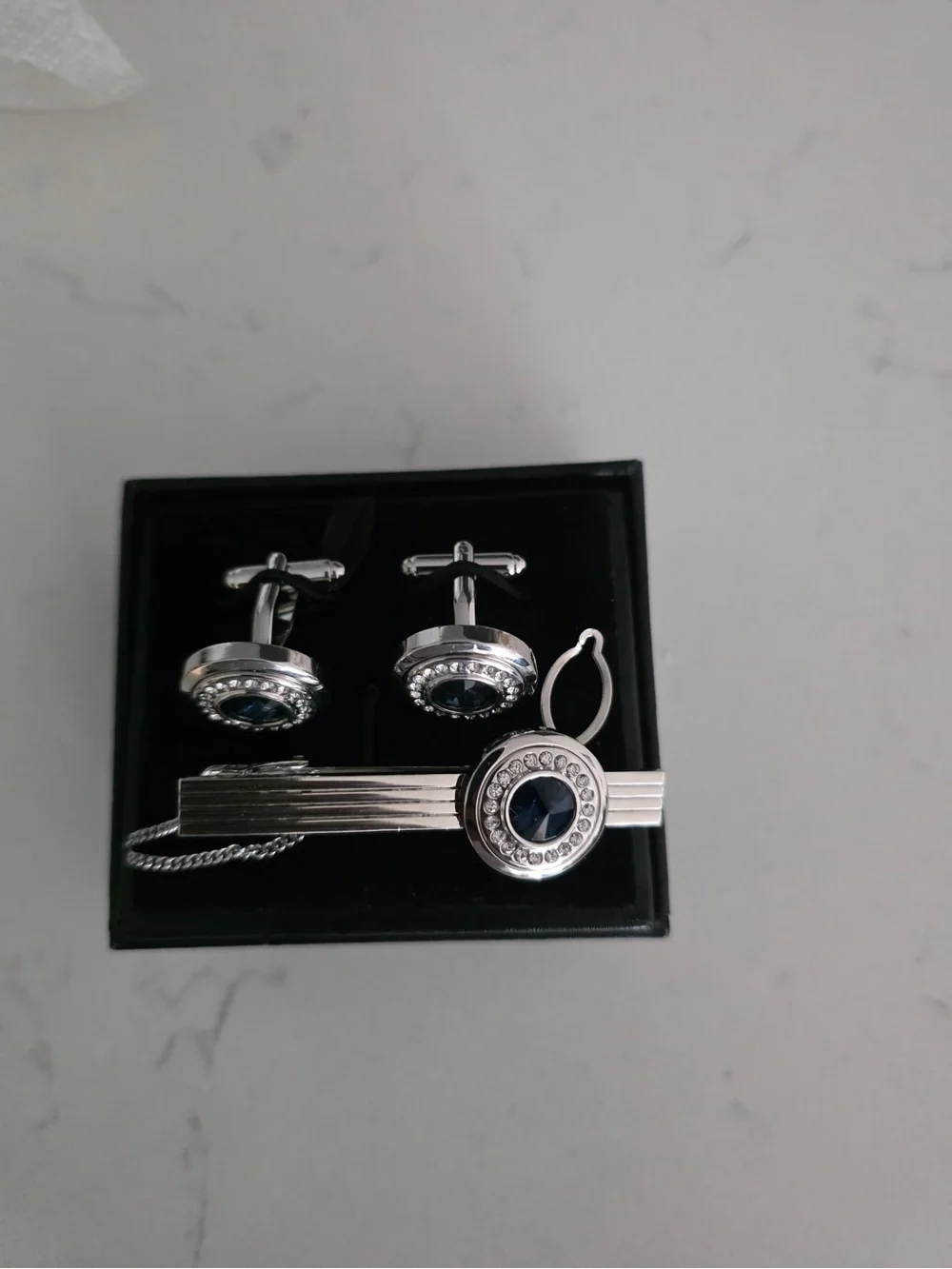 Silver Cufflinks and Tie Bar Set with Blue Accents